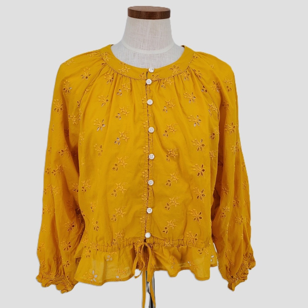 Outerknown Large Poet Blouse Embroidered 100% Organic Cotton Tie Waist Yellow